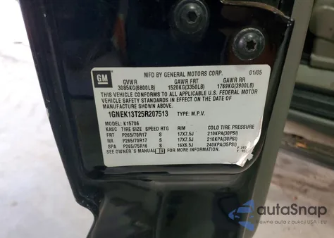 2005 Chevrolet Tahoe K1500 z USA, uszkodzony, nr VIN 1GNEK13T25R207513